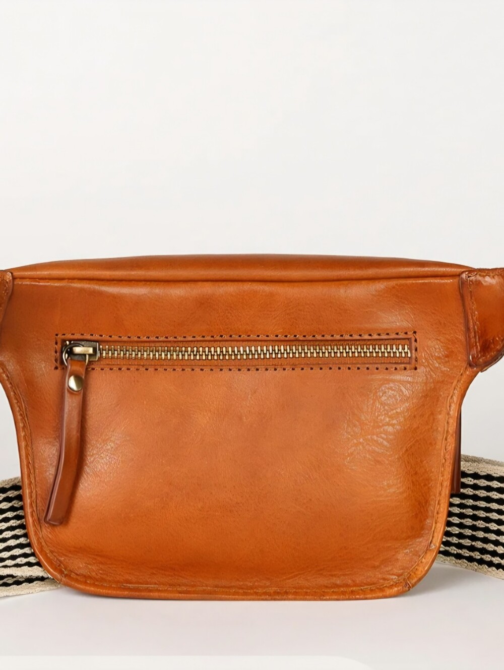 O MY BAG AMSTERDAM. Tan Leather Crossbody with Striped Canvas Strap. PRICE DROP - Picture 5 of 6
